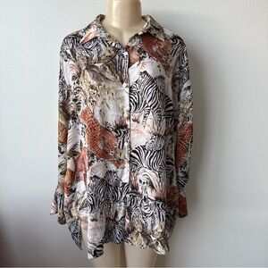 Zara Safari Print Relaxed Fit Satin Tunic Top Animal Wildlife Flowy Button Up M